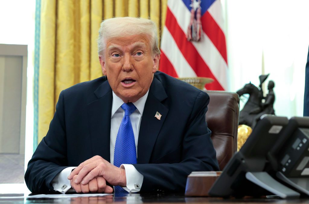 WASHINGTON, DC - MARCH 21: U.S. President Donald Trump delivers remarks in the Oval Office of the White House on March 21, 2025 in Washington, DC. Trump announced the Next Generation of Air Dominance (NGDA) program, the F-47, the sixth-generation high-tech Air Force fighter to succeed the F-22 Raptor. (Photo by Anna Moneymaker/Getty Images)