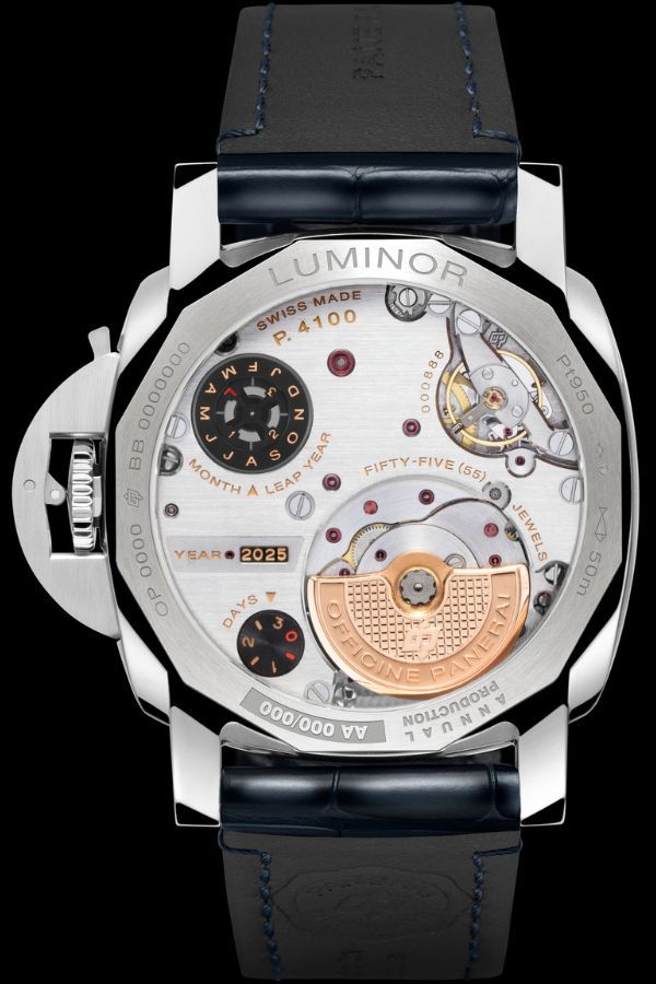 The caseback indicates the month, year, and leap year