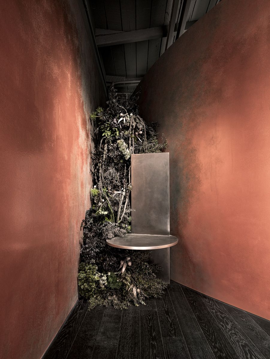 A corner at the SVRN San Francisco store is dressed in oxidised copper