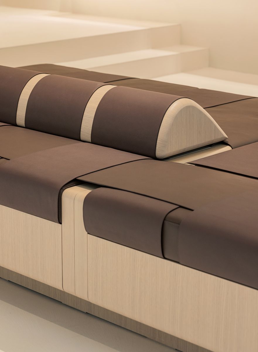 A close-up detail of the bench at Polene Seoul boutique