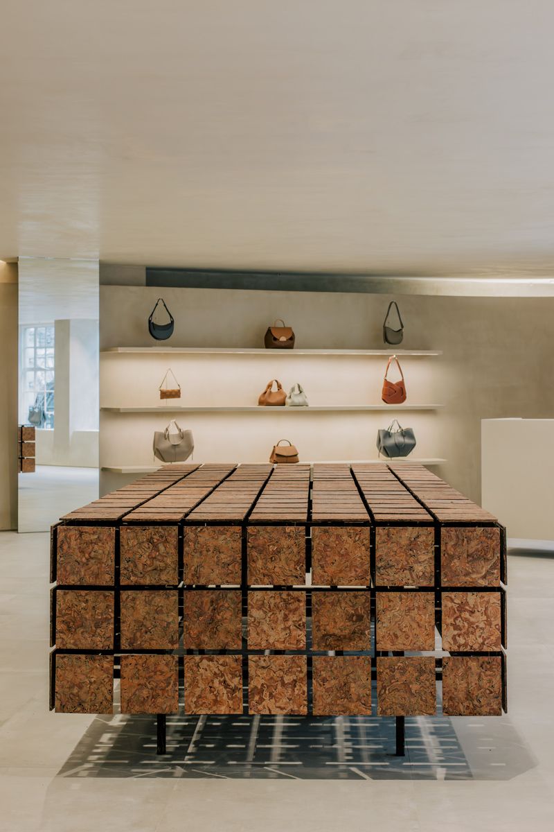 A closer look at the custom leather table on the upper floor