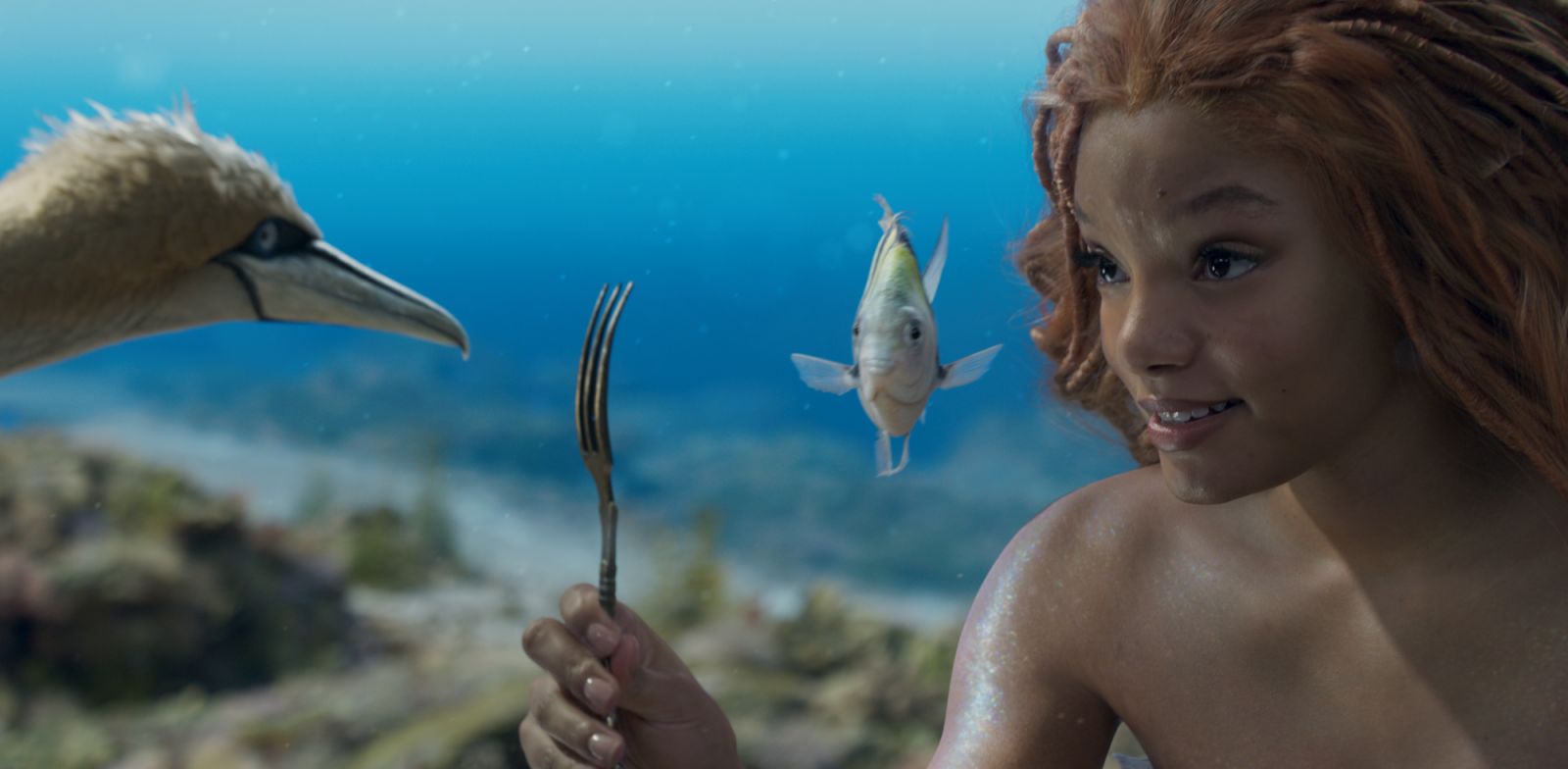 Halle Bailey’s Ariel with Flounder and Scuttle (Photo: Disney)