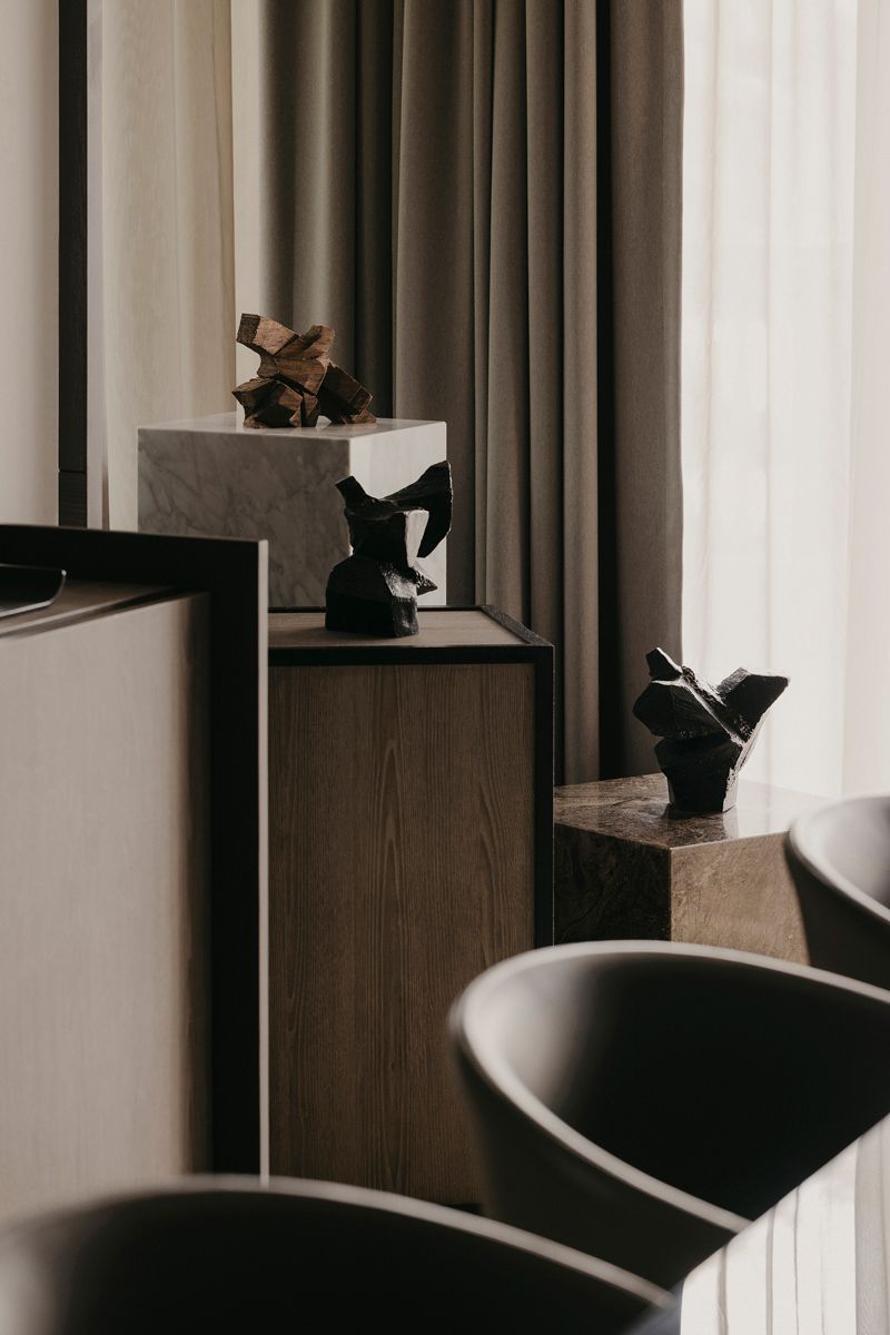 These display pedestals next to the dining area are made from leftover materials
