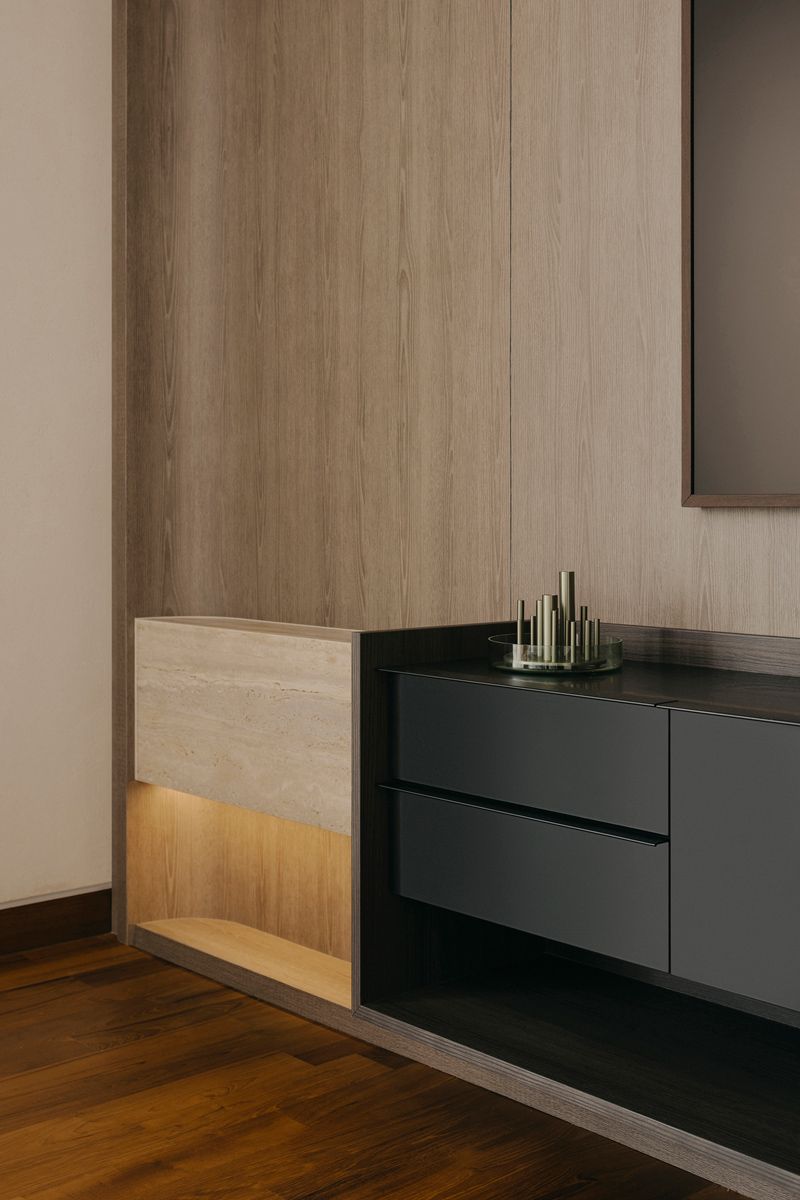 Light and dark surfaces create a visually arresting view in this corner