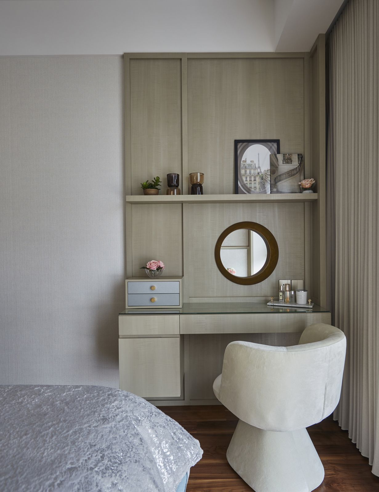 This vanity in the master bedroom features ample storage for the wife’s makeup and accessories