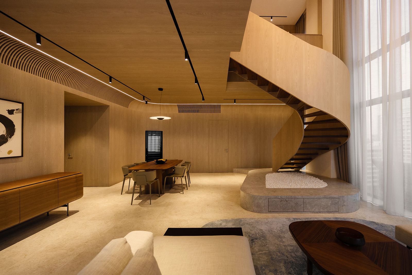 The inviting and luxurious living and dining area
