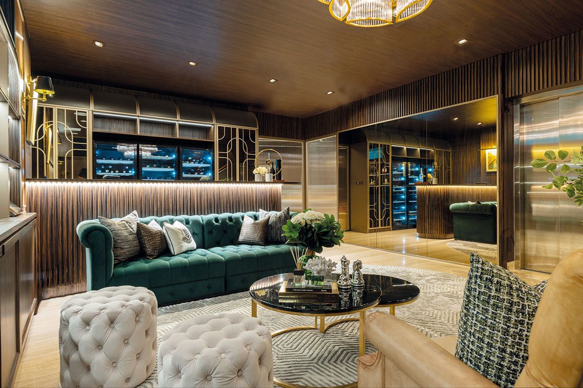The striking, moody design of the basement lounge