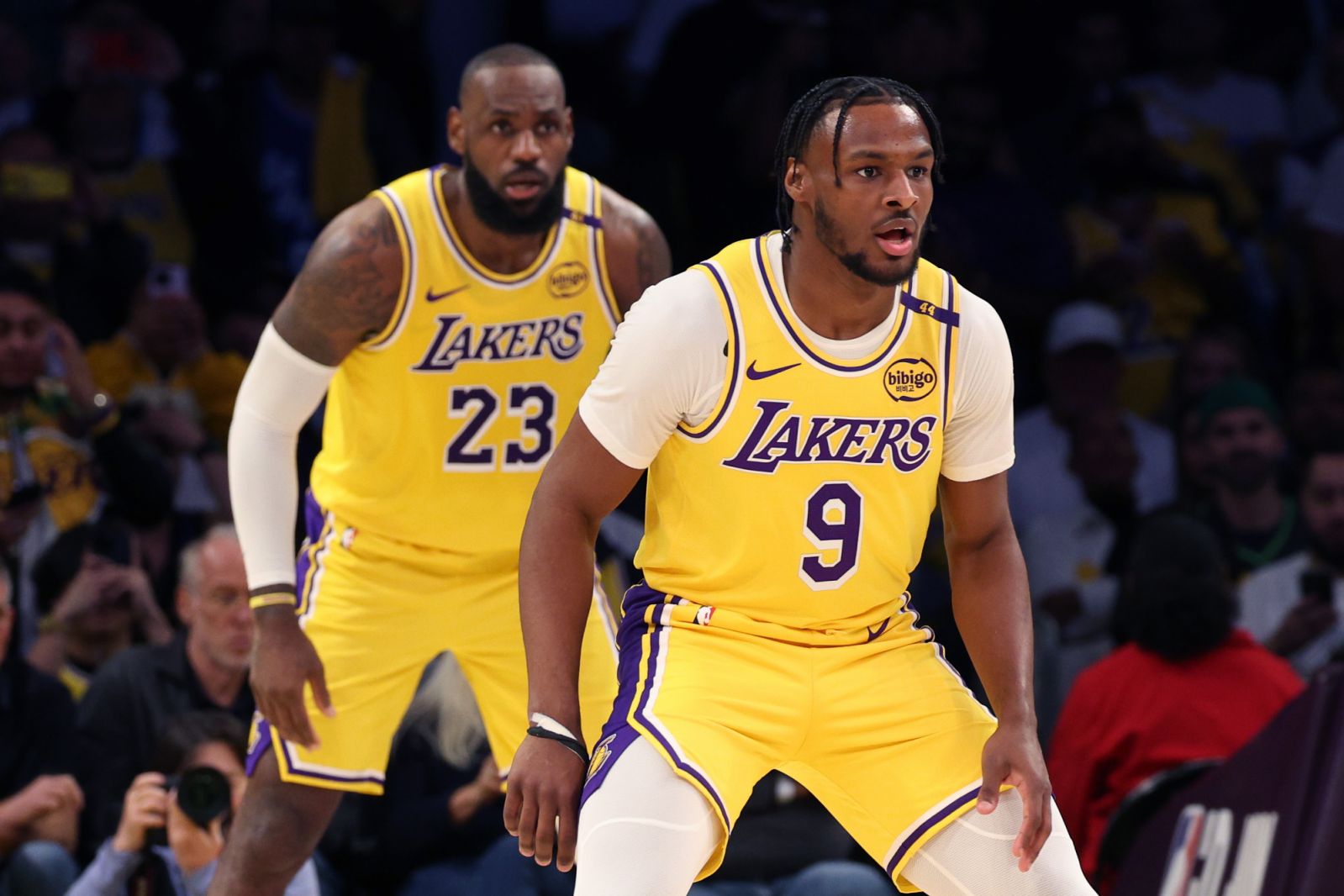 LeBron James #23 and Bronny James #9 of the Los Angeles Lakers on defence (Photo: Harry How/Getty Images)