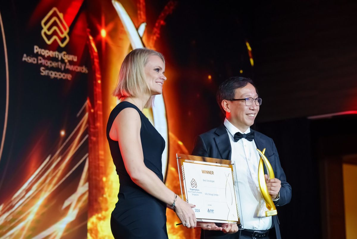 Kristin Thorsteins with Best Developer awardee UOL Group Limited during the PropertyGuru Asia Property Awards 2024 Gala