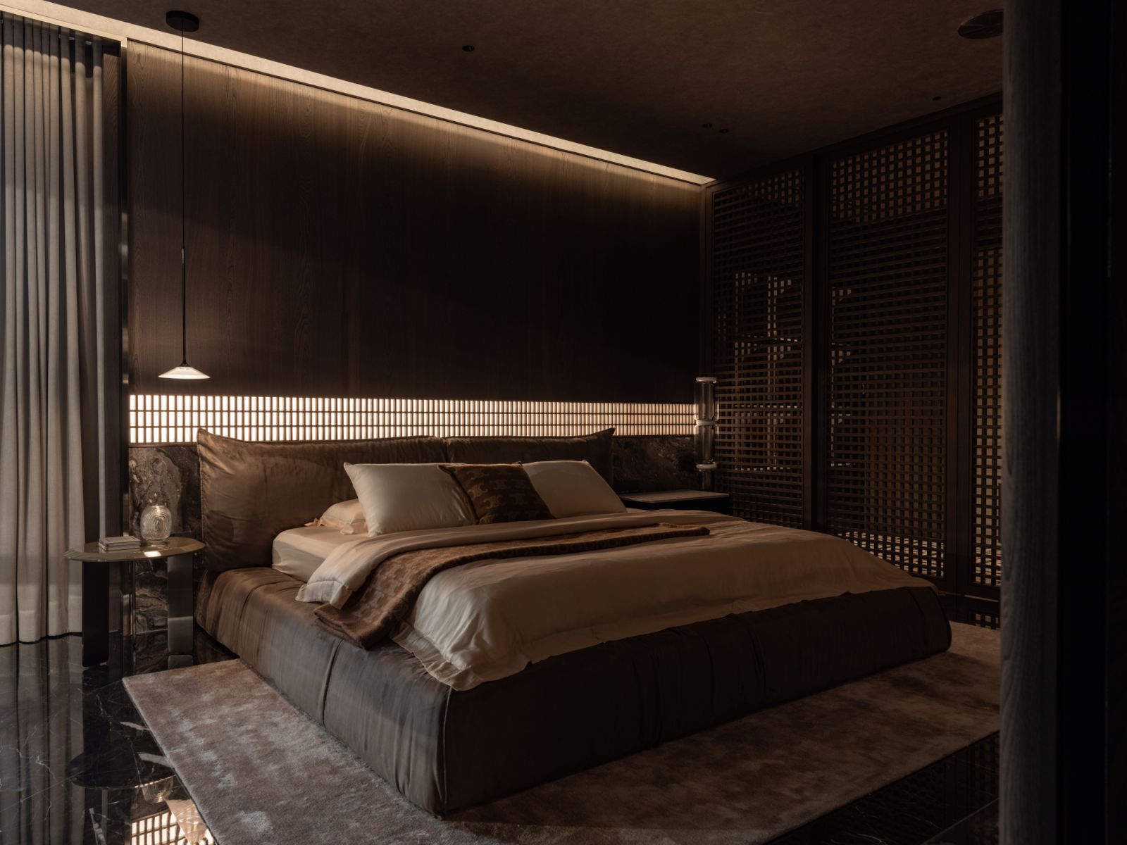 In this bedroom, horizontal planes of natural veneer create a sense of expanse