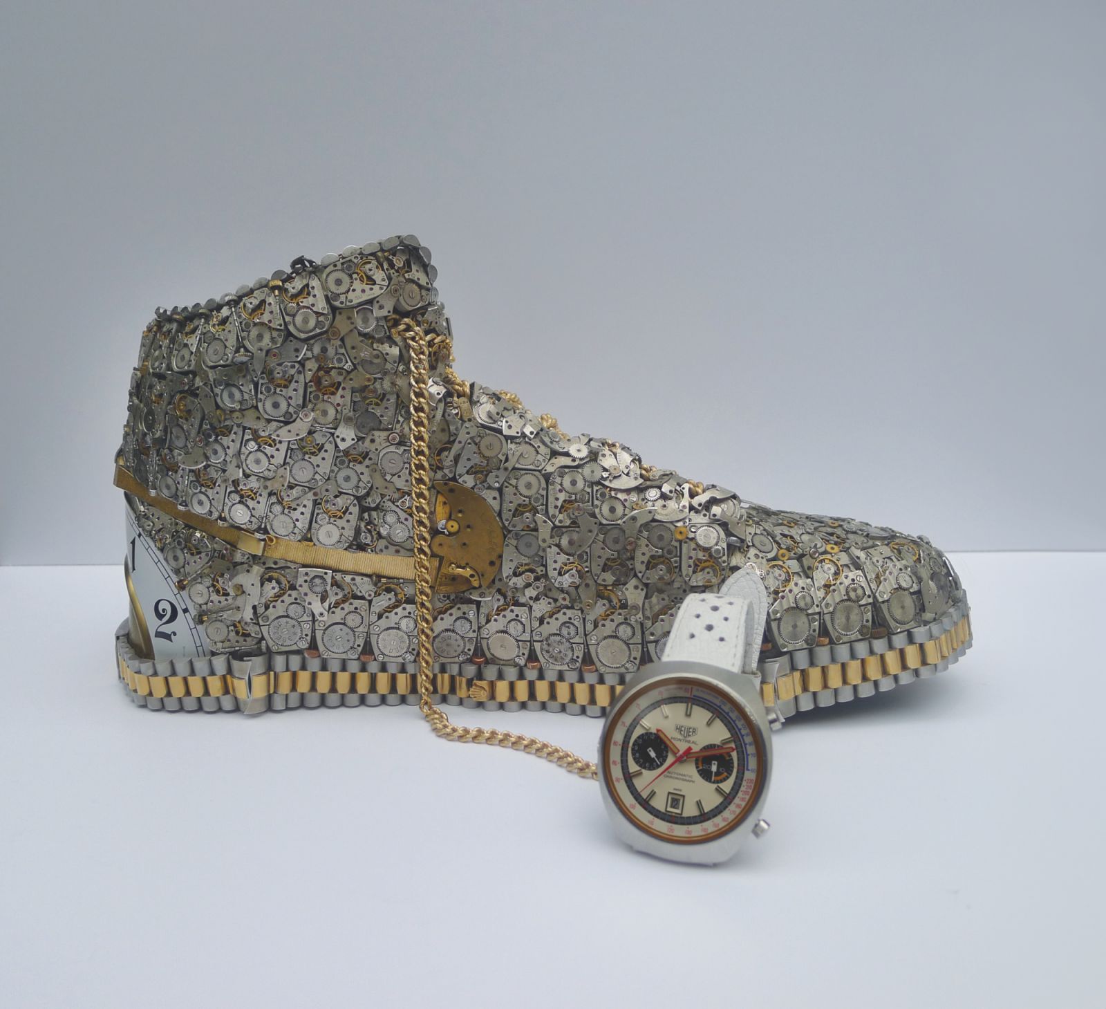 Sneaker sculpture with the Heuer Montreal watch (Photo: courtesy of Dan Tanenbaum)