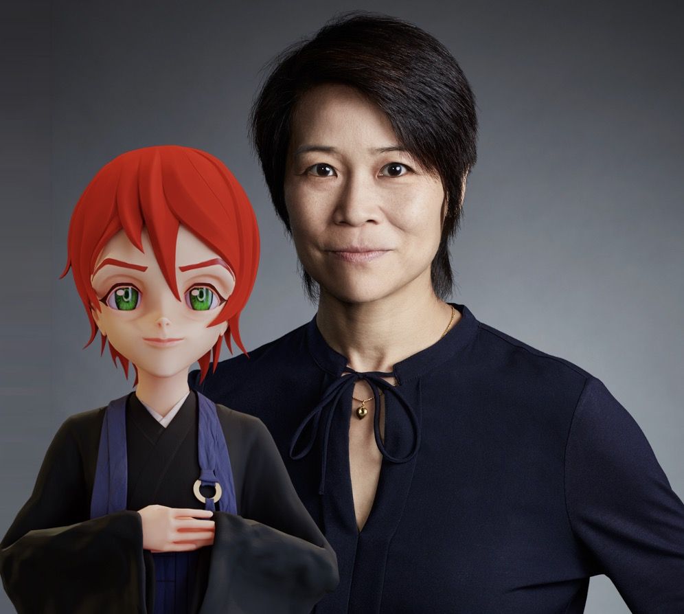 Lim with Emi Jido, a spiritual manifestation of Zbee and the first AI in the world to be ordained as a Buddhist novice priest (Photo: courtesy of Jeanne Lim)