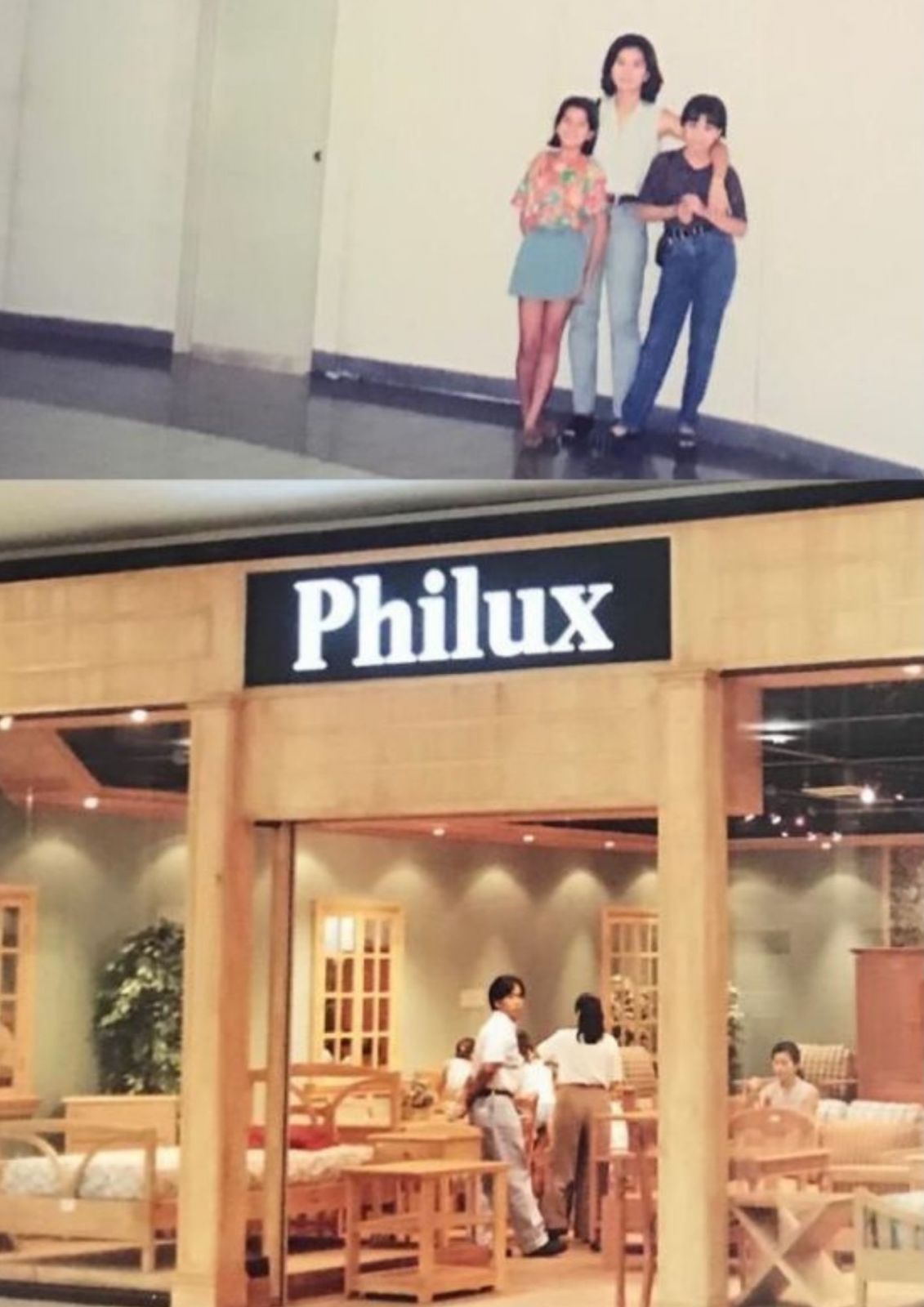 Top: Zelda Kienle with her daughters Jessica and Stephanie outside the Philux Megamall showroom; Bottom: The first Philux store in Northmall