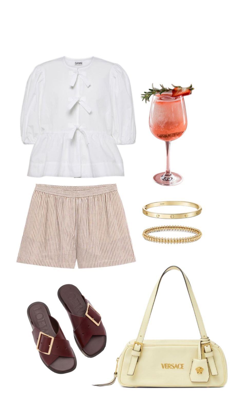 For a casual sojourn, go for a fresh look in a Ganni blouse, Brunello Cucinelli shorts, Clash de Cartier bracelet, Cartier love bracelet and Versace Tag Bag (Photo: stylised by Julianna Cabili)