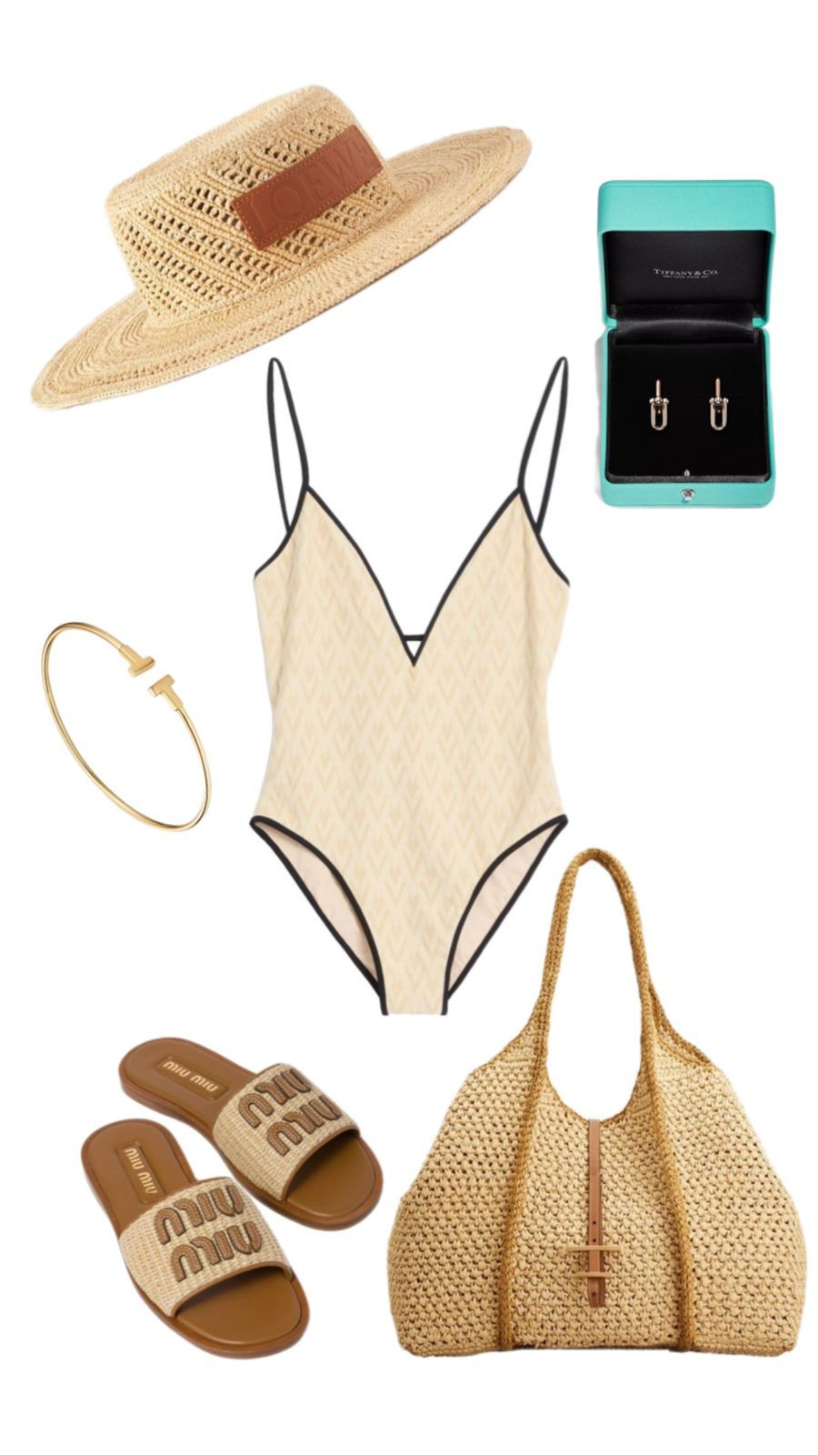 For splashing around, go for a Valentino swimsuit, Loewe Paula’s Ibiza hat, Miu Miu slides, Tiffany HardWear Earrings, Tiffany T bracelet, and a Tod’s bag (Photo: stylised by Julianna Cabili)