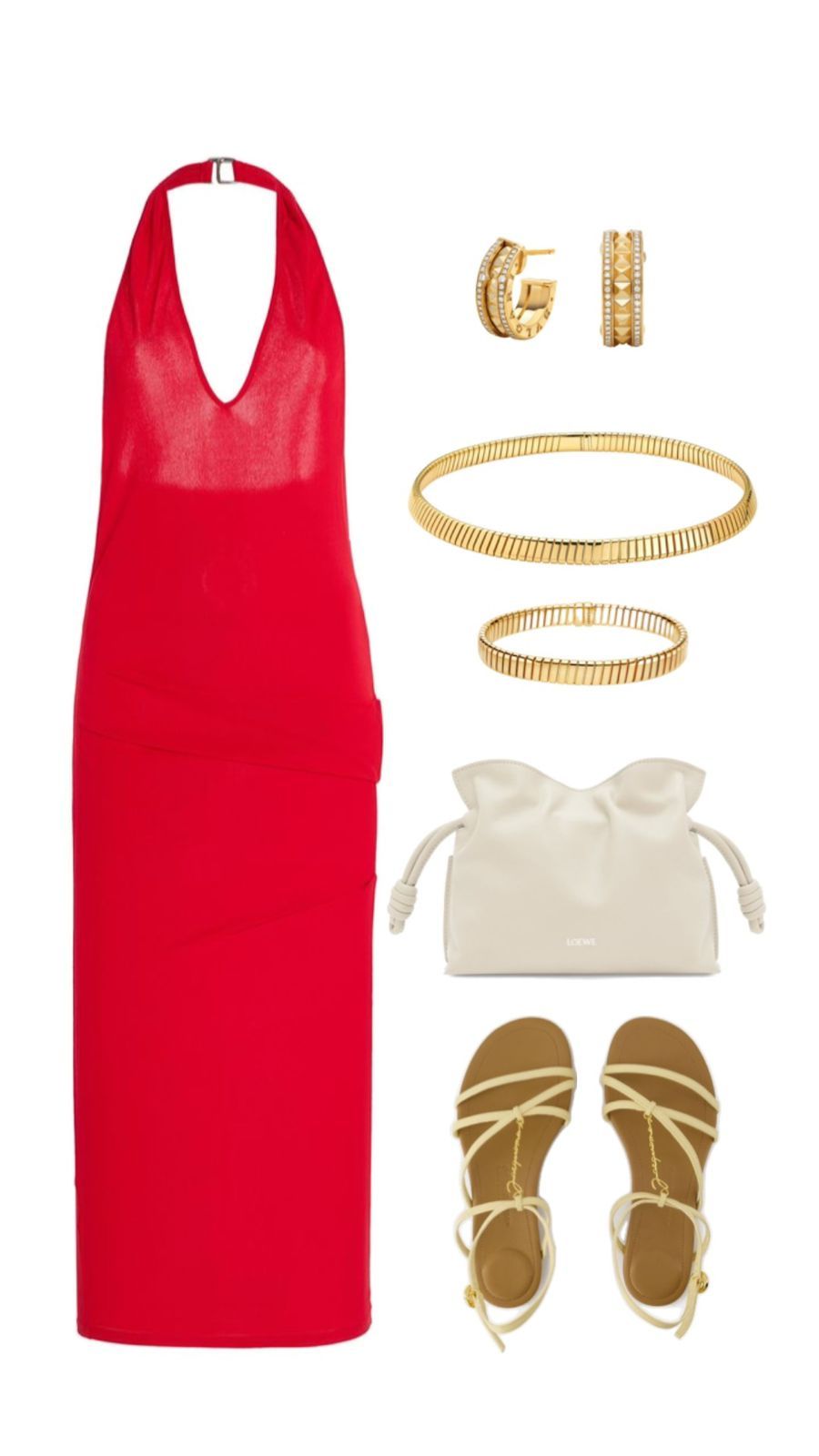 For a more formal night out at sea, turn heads in this Jacquemus dress with Jacquemus slippers, Loewe Flamenco bag, Bulgari Bzero1 earrings, and a Bulgari Tubogas choker and bracelet (Photo: stylised by Julianna Cabili)
