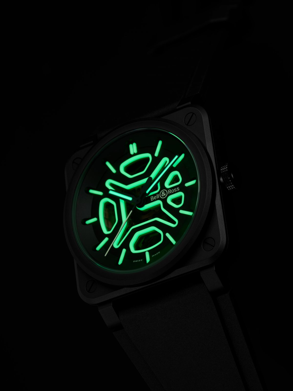 Bell & Ross BR-03 Skeleton Lum Ceramic glows green in the dark