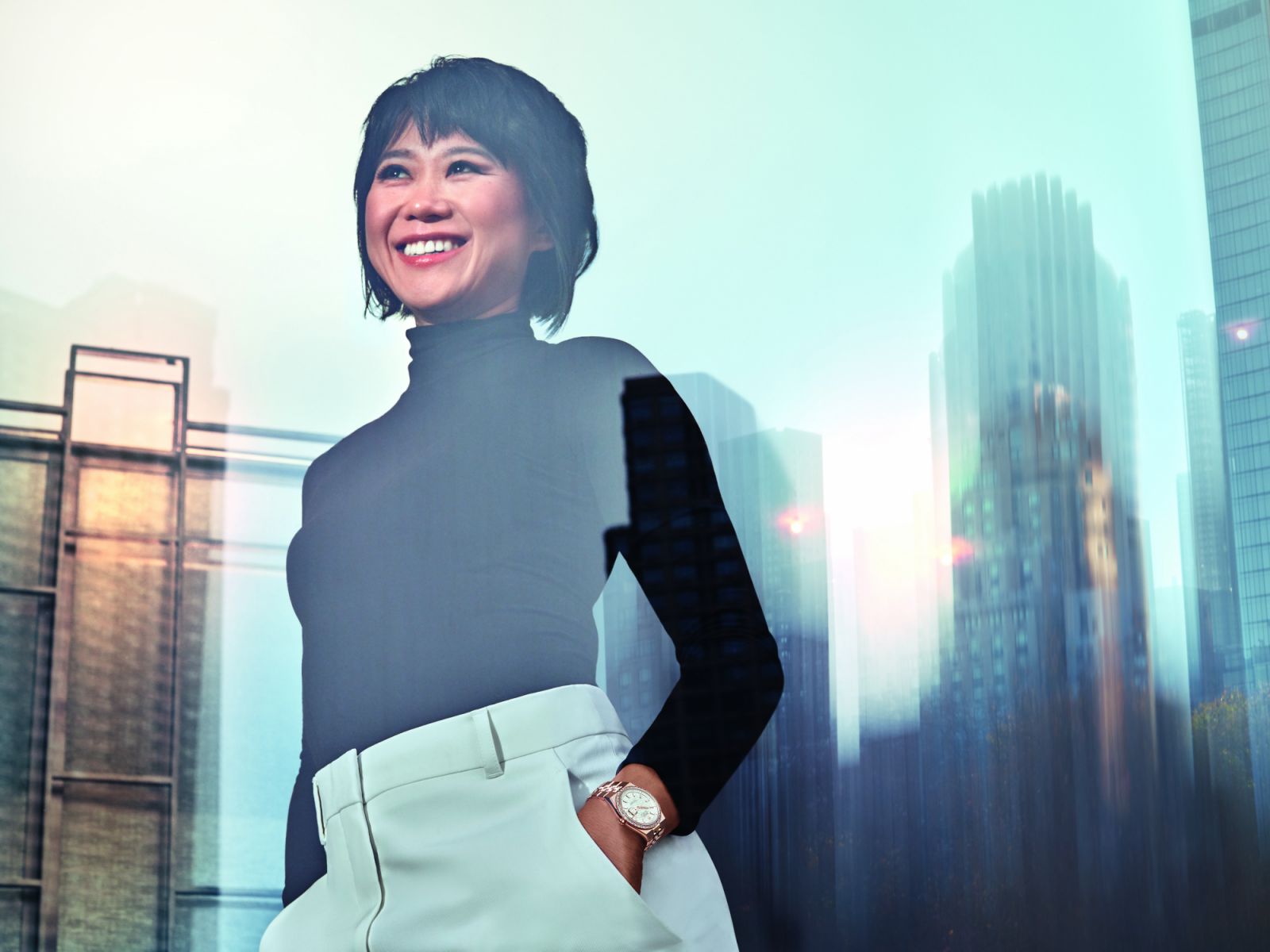 Yuja Wang wears a Land-Dweller 36 in 18 ct
Everose gold with a diamond-set bezel.