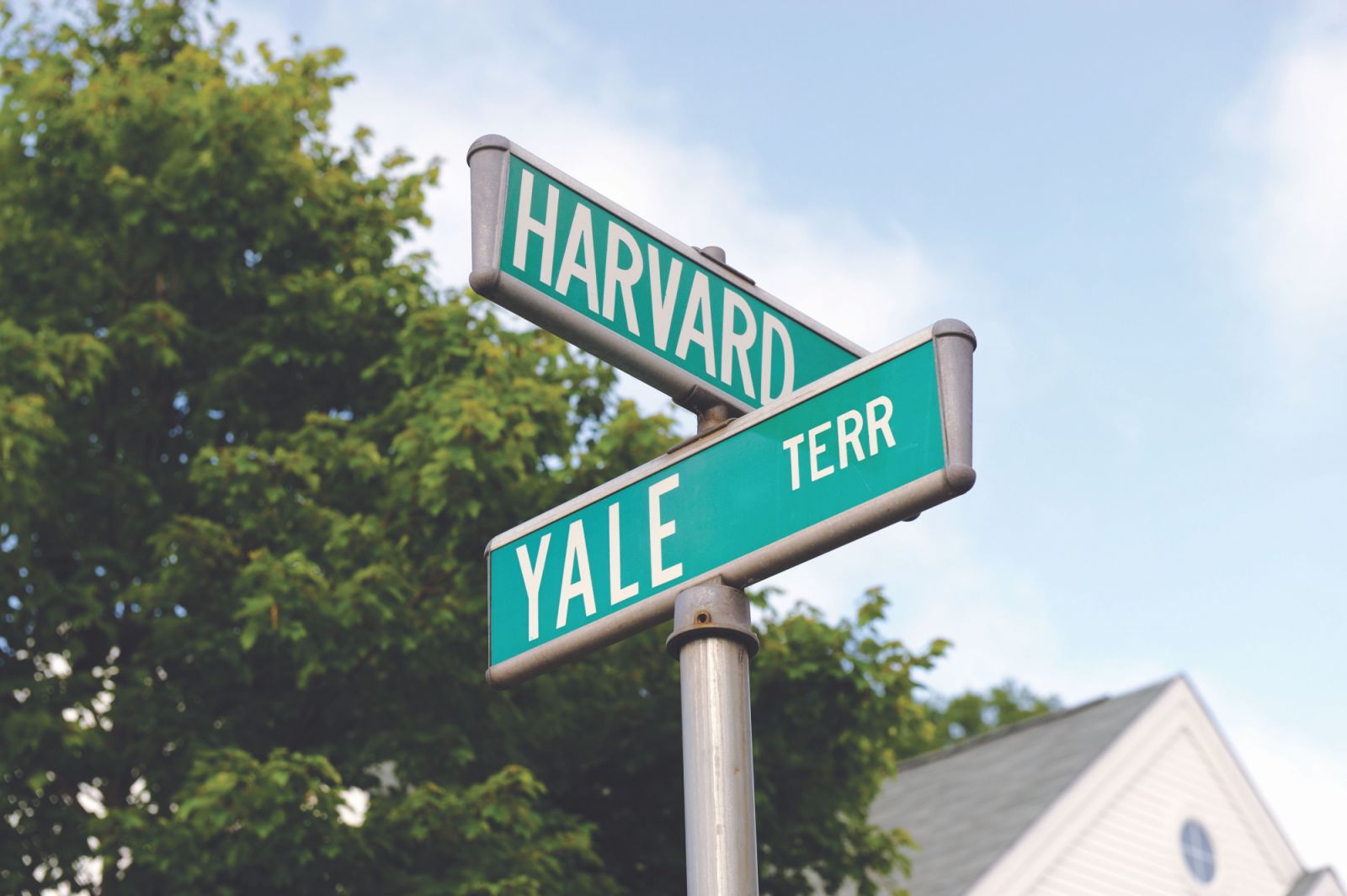 Road signs for Harvard and Yale.