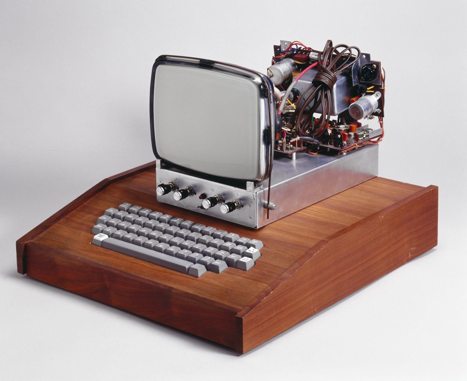 Personal Computer, model  Apple I, devised by Steve Wozniak, Steve Jobs and Ron Wayne, and made by Apple Inc, United States, 1976-1979. Personal computer by Apple Computers, model Apple I, 1976-79. This was the first computer made by Apple Computers Inc, which became one of the fastest growing companies in history, launching a number of innovative and influential computer hardware and software products. Most home computer users in the 1970s were hobbyists who designed and assembled their own machines. The A