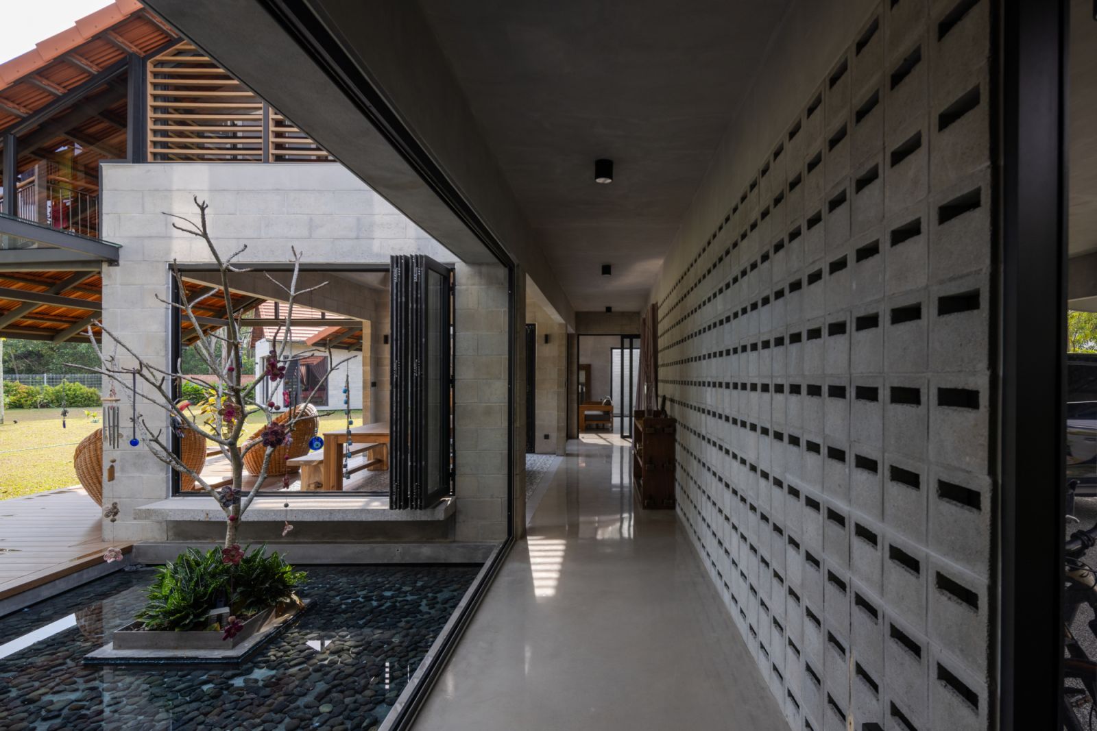 The shallow reflecting pool with a small tree creates an unexpected outdoor experience within the home