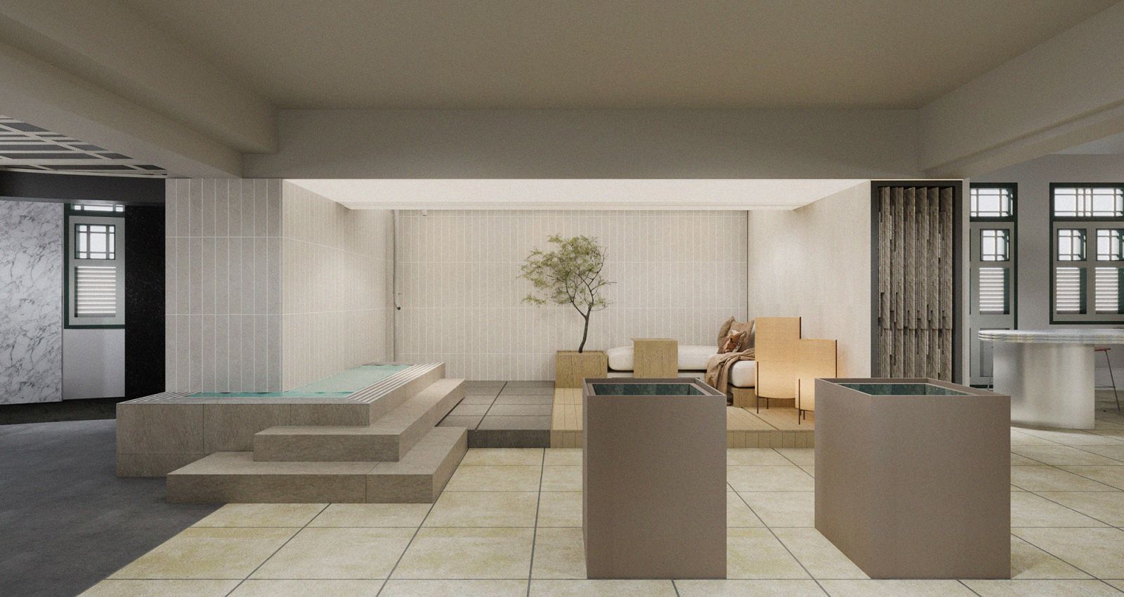 A corner of the showroom fashioned after an outdoor patio with a pool, to help homeowners and designers visualise their tiles in a realistic outdoor setting