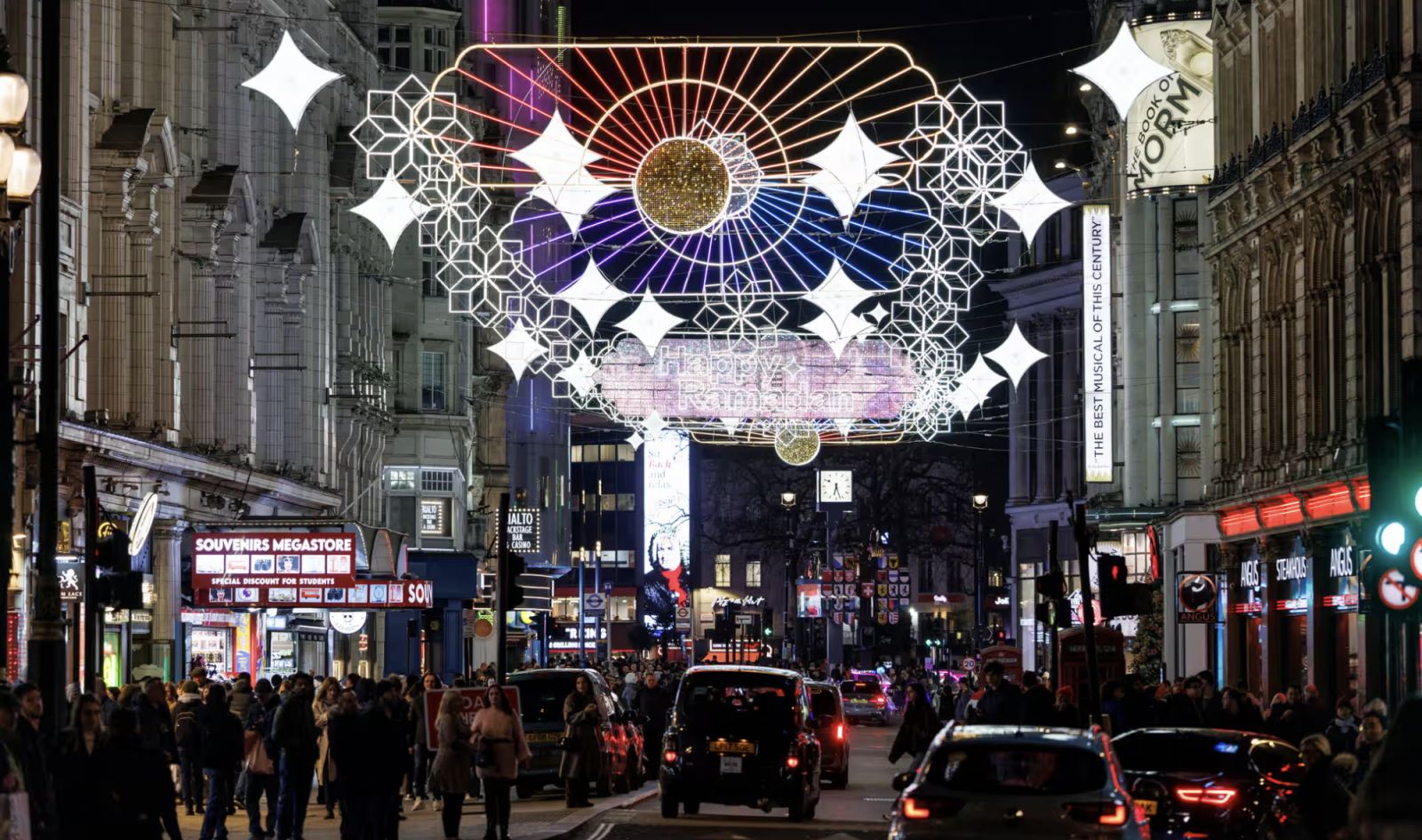 The lights between Piccadilly Circus and Leicester Square feature 30,000 LED bulbs in the shape of Islamic geometric patterns and symbols. (Photograph: Tolga Akmen/EPA)