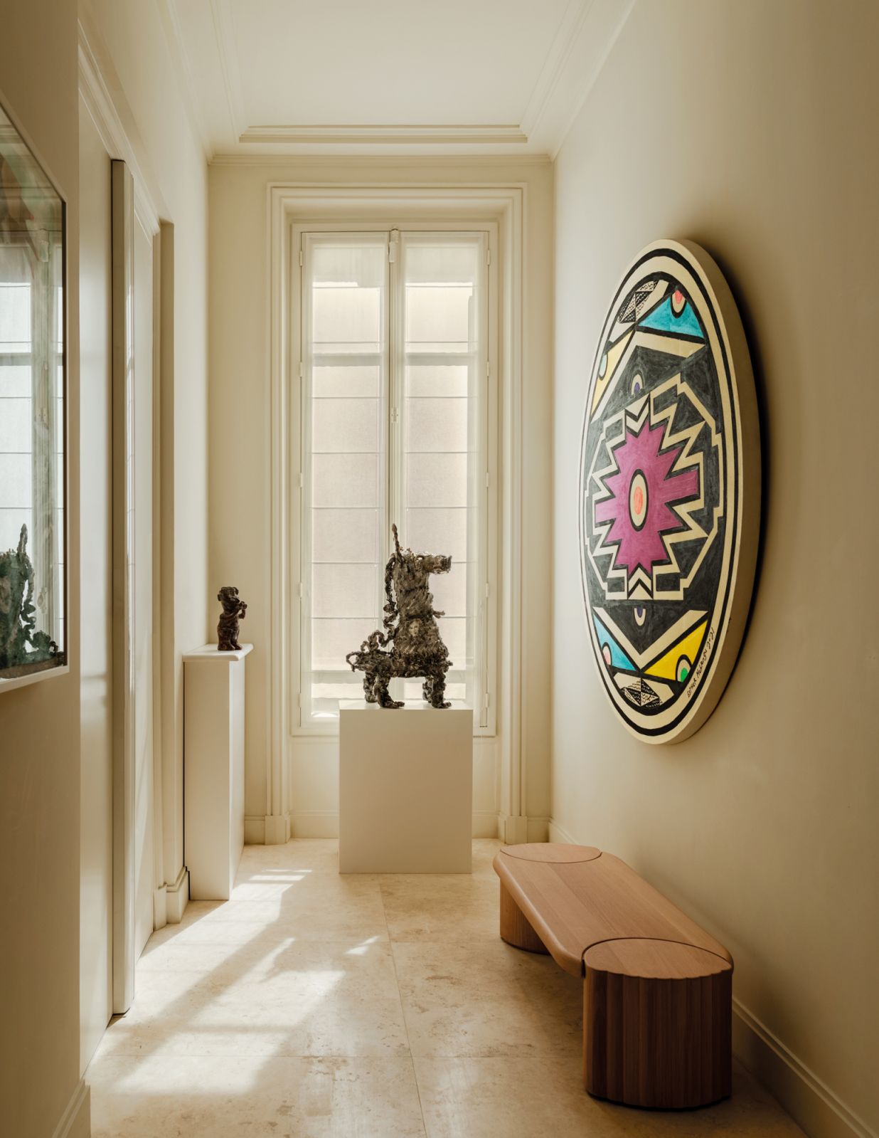 Saraï Delfendahl’s glazed ceramic unicorn lends a hint of playfulness to the entryway