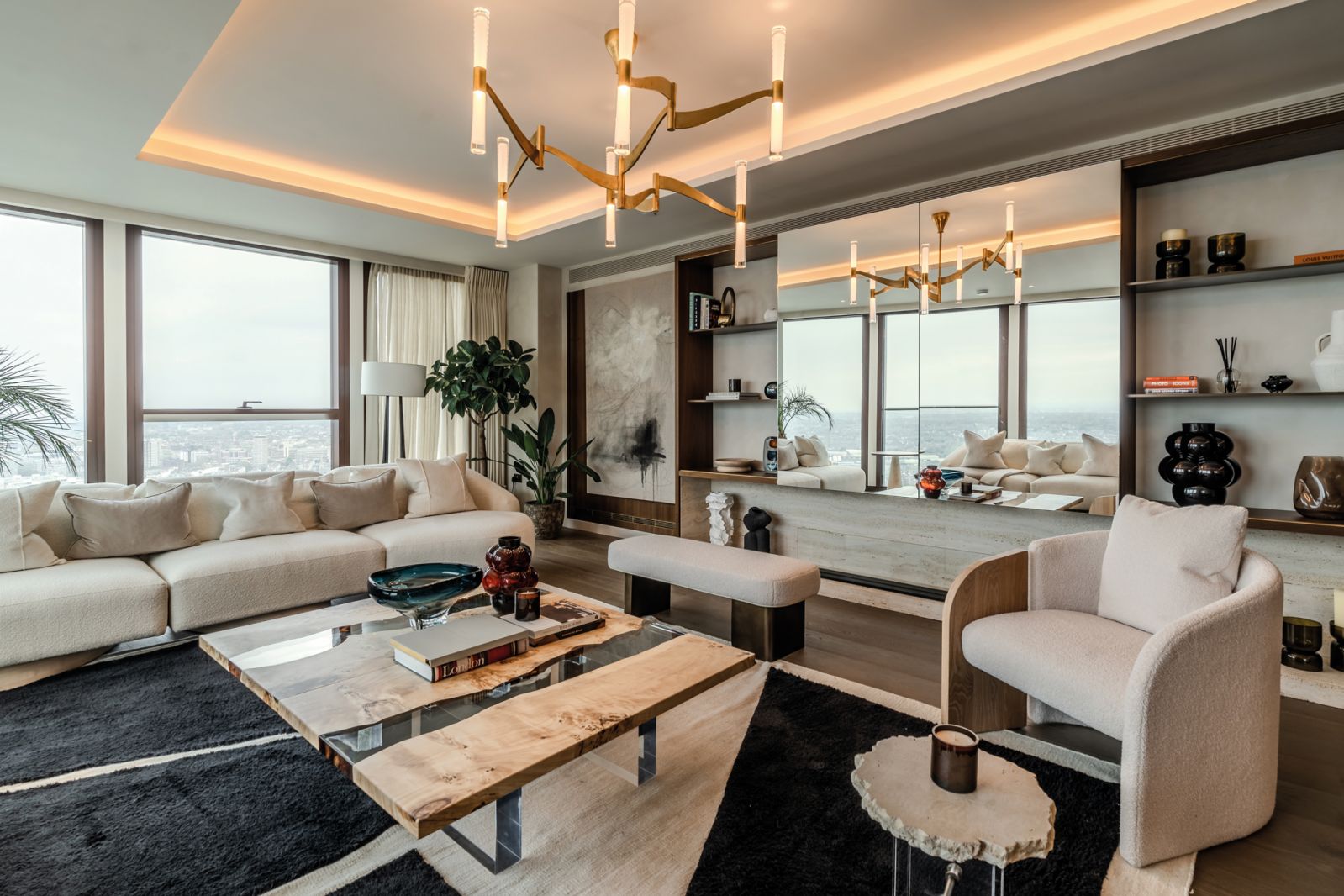 A view of the luxurious living room, which features pieces from the designer’s own furniture line
