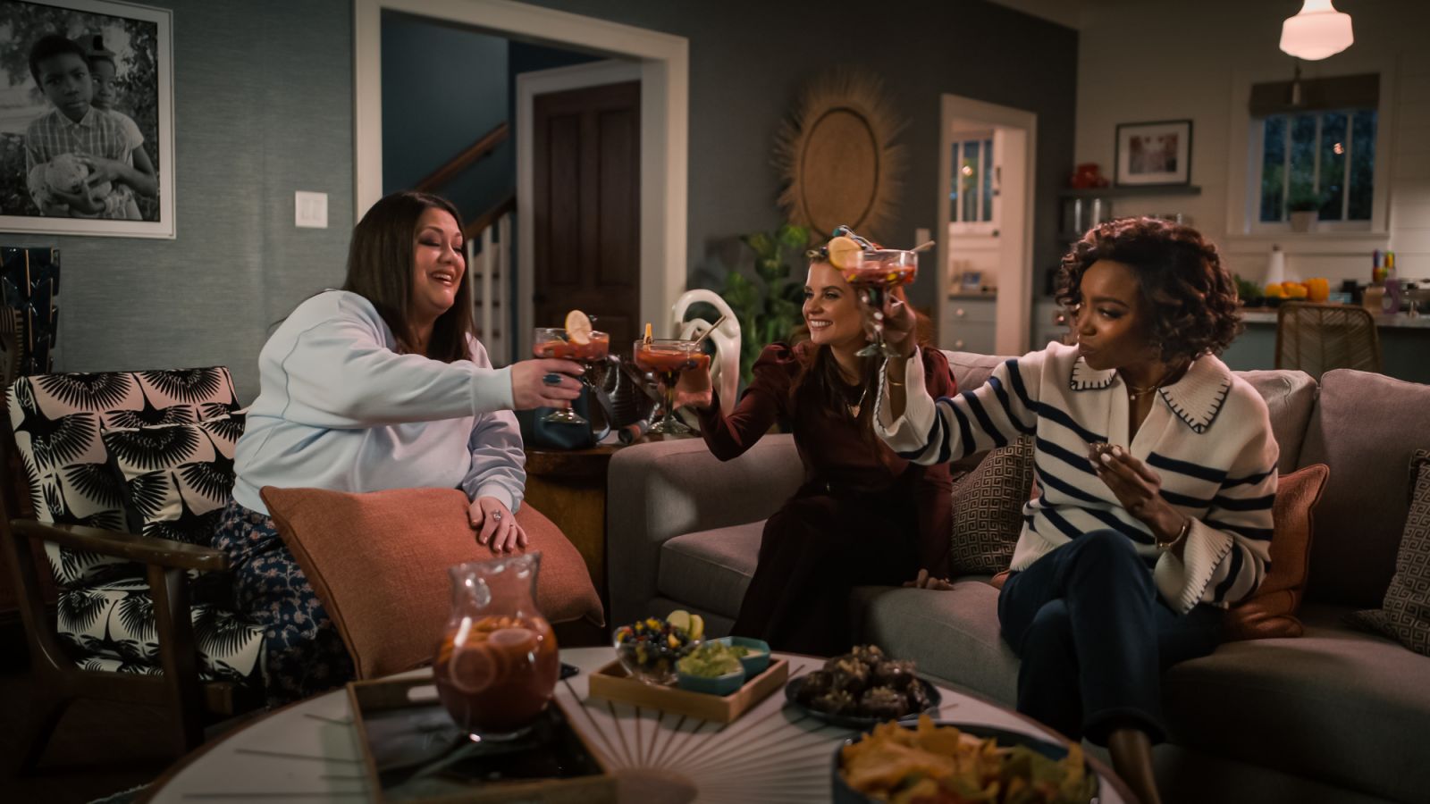 Brooke Elliott as Dana Sue Sullivan, JoAnna Garcia Swisher as Maddie Townsend and Heather Headley as Helen Decatur in episode 407 of Sweet Magnolias. (Credit: Courtesy of Netflix/© 2025 Netflix, Inc.)