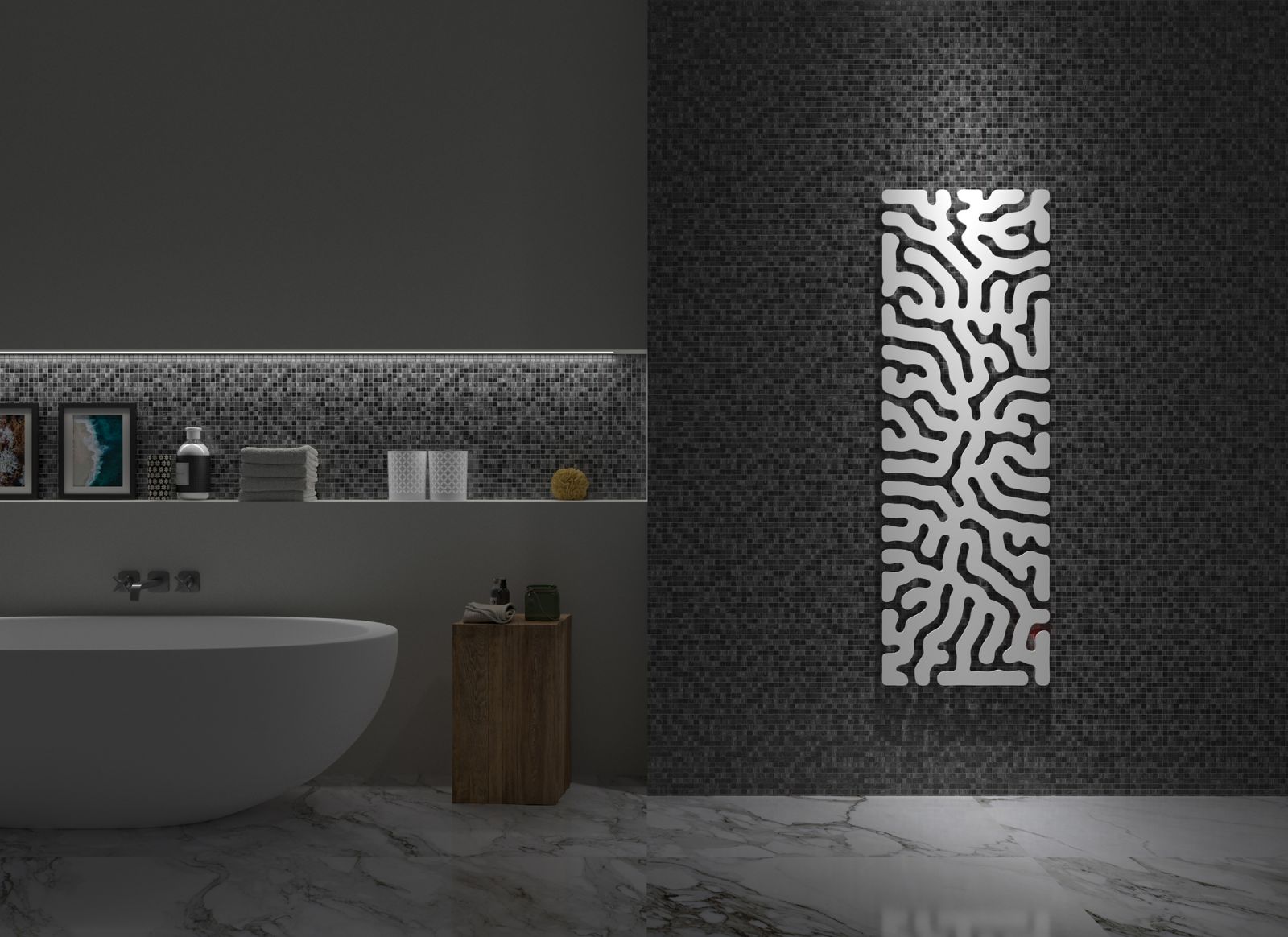 A dusky bathroom fitted out by Italian brand Caos