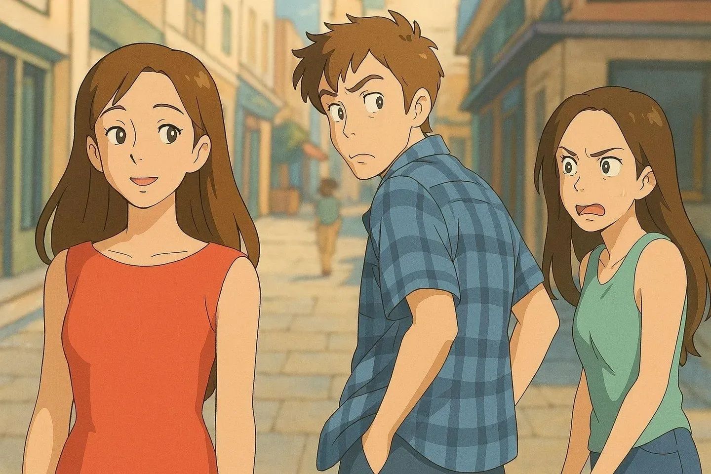 Distracted boyfriend meme in Ghibli art style (Photo: AI generated)
