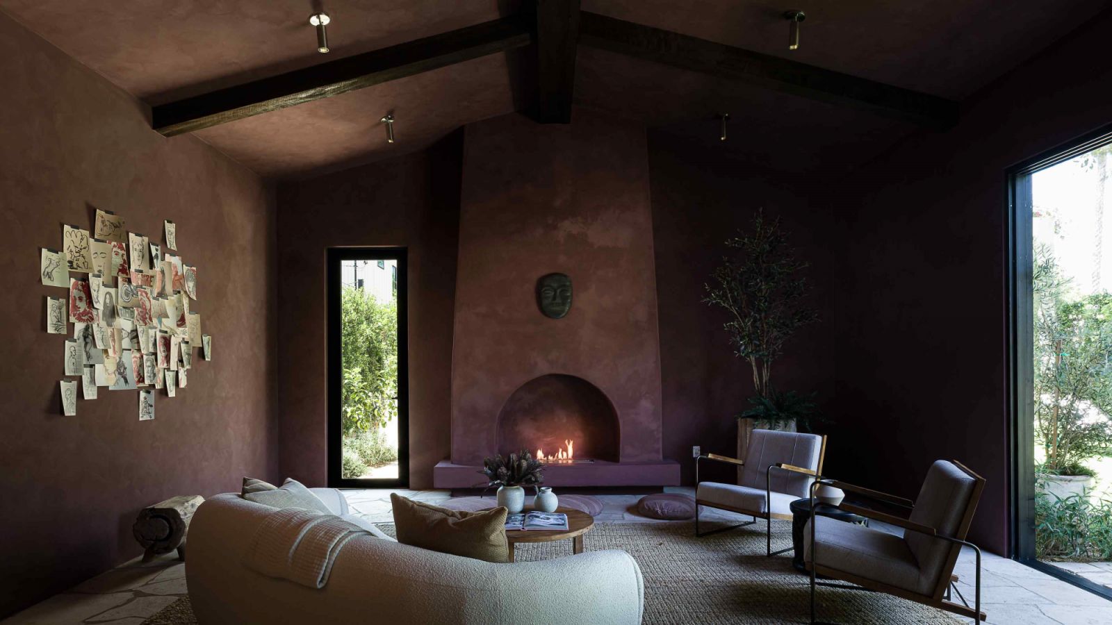 The pool house features a dark burgundy palette
