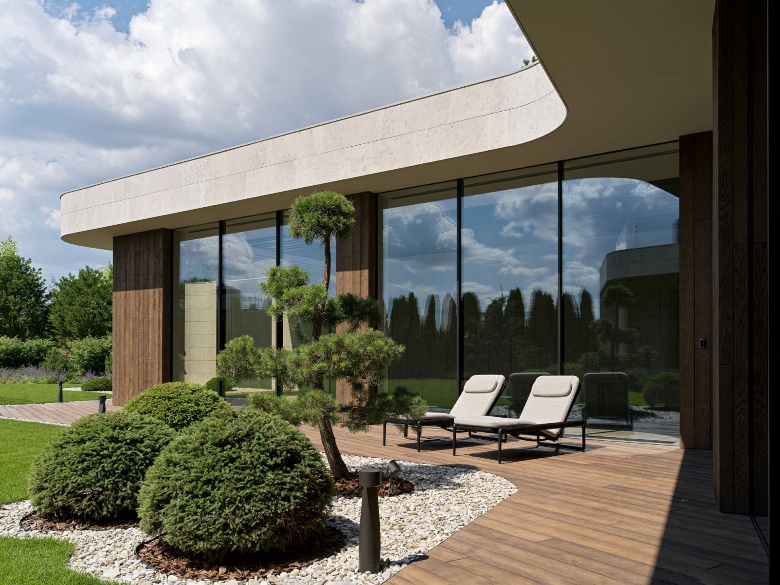 Biomorphic lines define the home’s structure, uniting the architecture, interior, and landscape