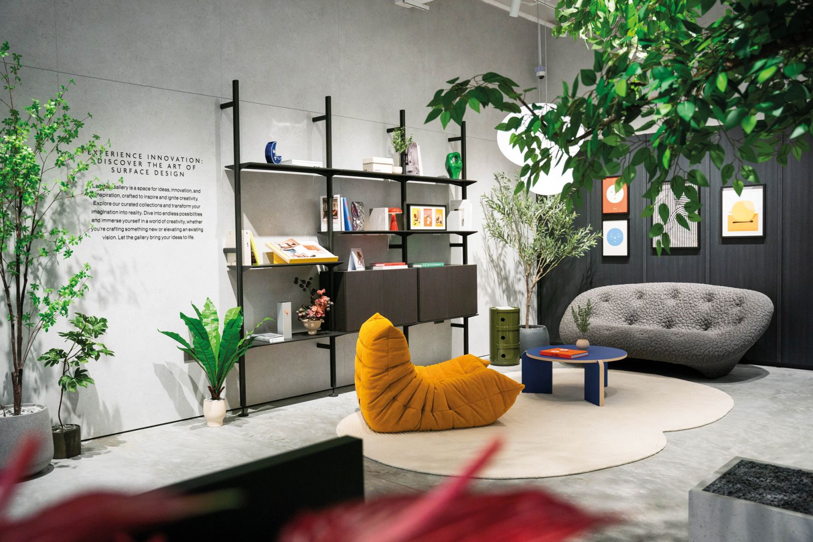 This stylish lounge area is anchored by Ligne Roset’s Ploum and Togo sofas