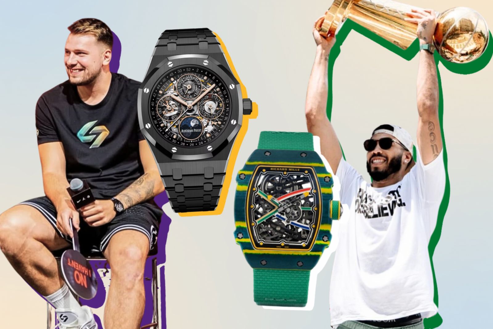 NBA superstars and their watches: Luka Dončić wearing his Audemars Piguet Royal Oak Perpetual Calendar Openworked in black ceramic and Jayson Tatum wearing the Richard Mille RM 67-02 in green carbon TPT (Photos: Instagram/@lukadoncic, Instagram/@jaytatum0, Audemars Piguet, Richard Mille)