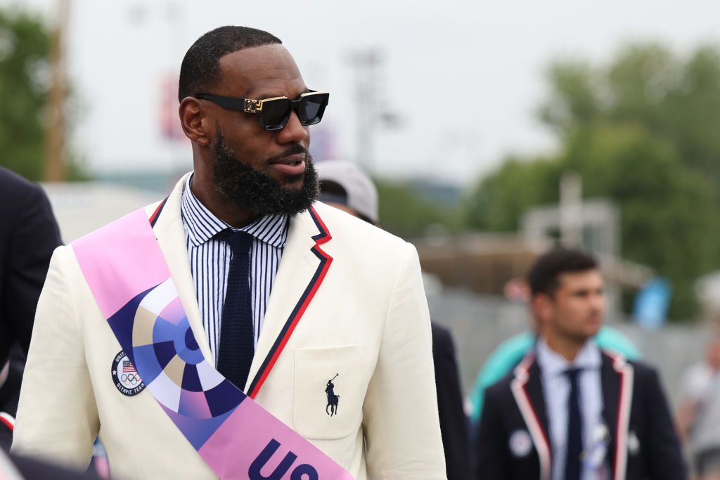 PARIS, FRANCE - JULY 26: LeBron James, Flagbearer of Team United States looks on prior to the opening ceremony of the Olympic Games Paris 2024 on July 26, 2024 in Paris, France. (Photo by Quinn Rooney/Getty Images)