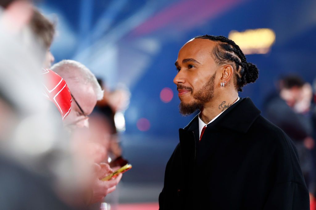 LONDON, ENGLAND - FEBRUARY 18: Lewis Hamilton of Great Britain and Scuderia Ferrari greets fans as he attends F1 75 Live at The O2 Arena on February 18, 2025 in London, England. (Photo by Sam Bloxham/Getty Images)