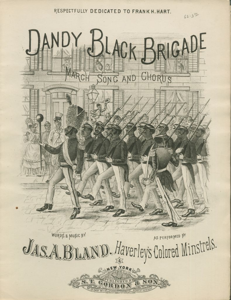 Sheet music cover image of the song 'dandy Black Brigade March Song and Chorus', with original authorship notes reading 'Words and Music by Jas A Bland', United States, 1881. The publisher is listed as 's.T. Gordon and Sons, No. 13 East 14th St.', the form of composition is 'strophic with chorus', the instrumentation is 'piano and voice', the first line reads 'We are the Dandy black brigade, You've heard so much about', and the illustration artist is listed as 'None'. (Photo by Sheridan Libraries/Levy/Gado/