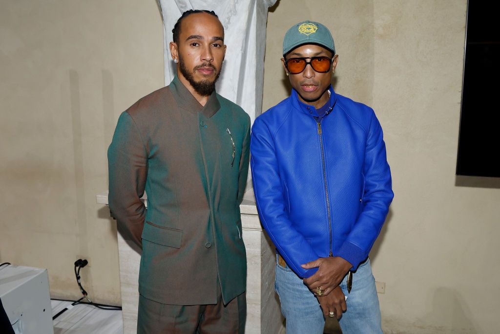 NEW YORK, NEW YORK - OCTOBER 09: Lewis Hamilton and Pharrell Williams attend a press conference announcing the Spring 2025 Costume Institute exhibition "Superfine: Tailoring Black Style" at Metropolitan Museum of Art on October 09, 2024 in New York City. (Photo by Taylor Hill/WireImage)