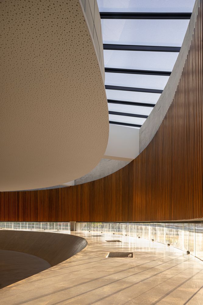 Detail of the circular skylight and wood-slat wall treatment, showing how natural light enters the space both from above and from the perimeter (Photo: ARQBR Arquitetura e Urbanismo)