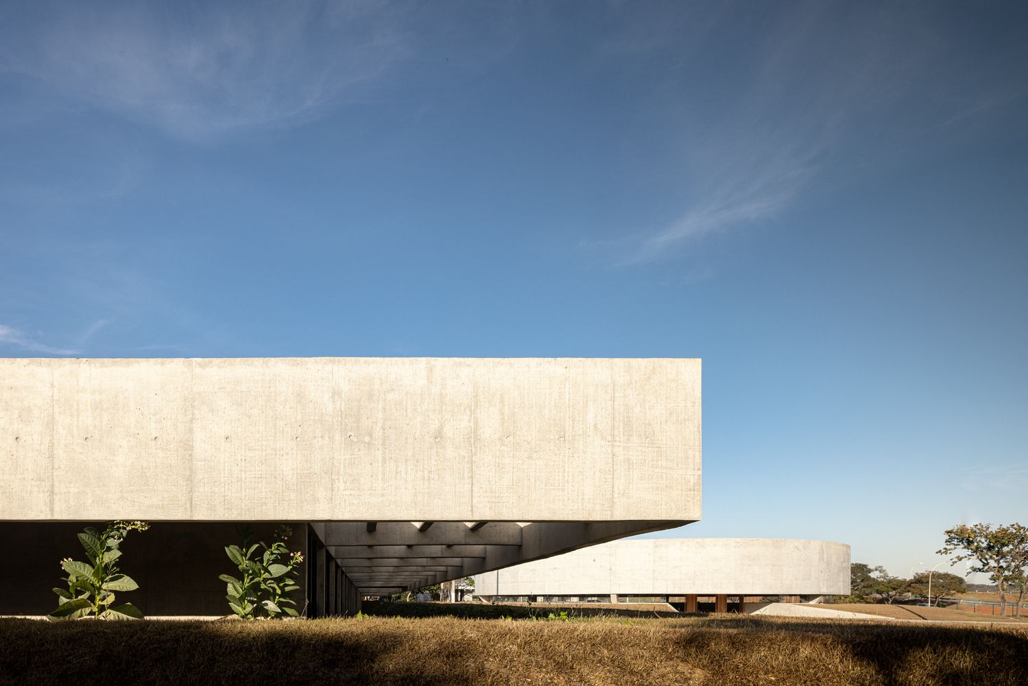 The rectangular support building in relationship to the circular sanctuary, highlighting the contrast between horizontal and cylindrical forms in the composition (Photo: ARQBR Arquitetura e Urbanismo)