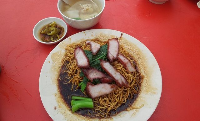 Wantan Mee, a favourite, saucy noodle
