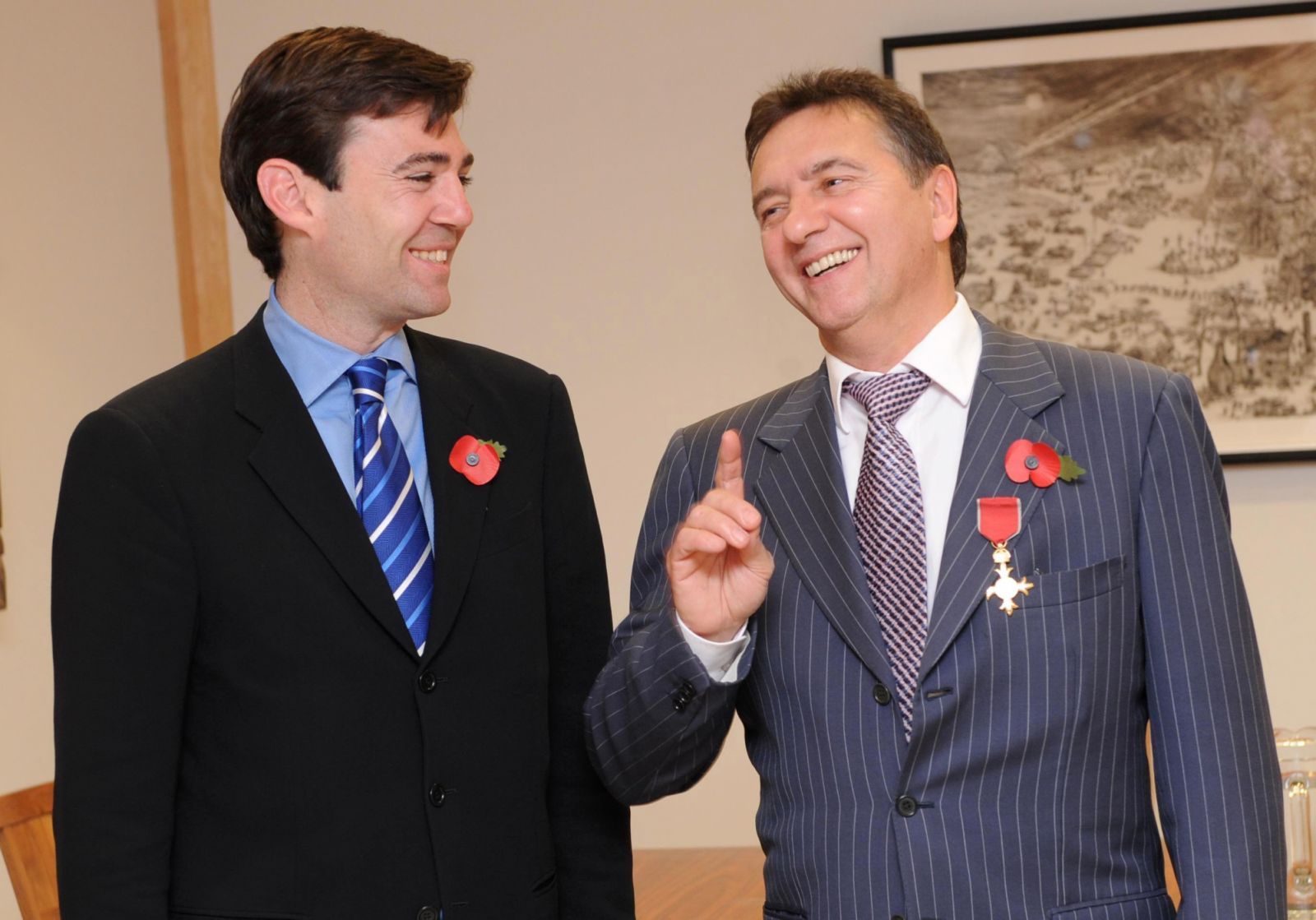 Chef Raymond Blanc (right) after receiving an honorary OBE he from the Secretary of State of Culture, Media and Sport, Andy Burnham (left). (Photo by Stefan Rousseau - PA Images/PA Images via Getty Images)
