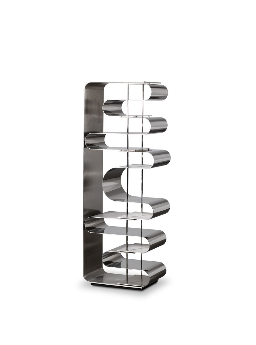 The Baxter Dune bookcase in stainless steel sheet by Draga & Aurel, is inspired by 1970s pop art