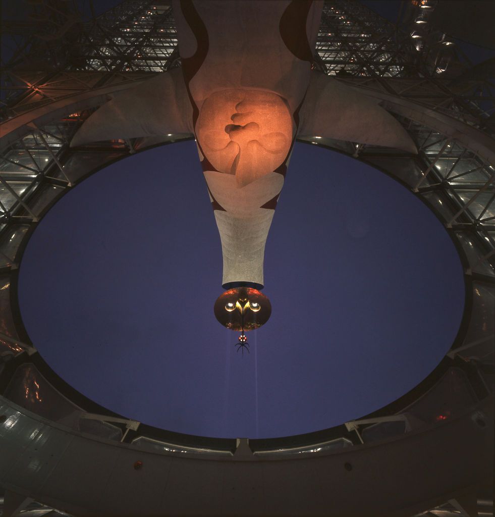 The Sun Tower, by Taro Okamoto, symbol of the Japanese exhibition. It is located in front of the main entrance of the expo. Osaka (Japan), March 1970 (Photo by Mario De Biasi per Mondadori Portfolio via Getty Imges) SPECIAL FEE - CONTACT US FOR NOT EDITORIAL USAGE