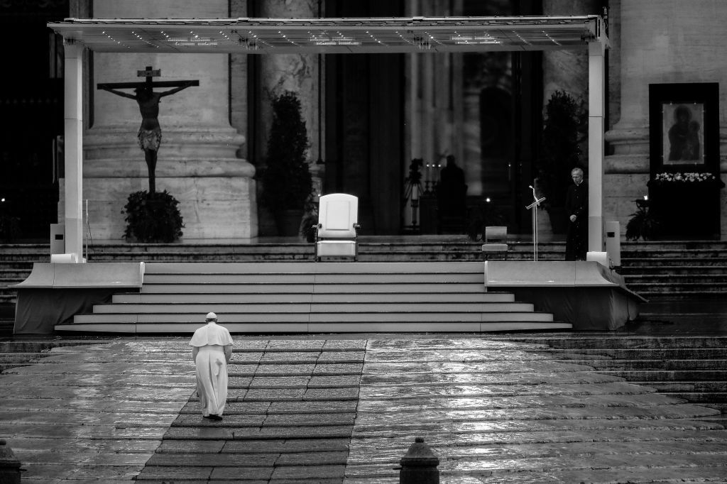 Pope Francis attends an extraordinary moment of prayer in time of pandemic, the adoration of the Blessed Sacrament and delivers an extraordinary "Urbi Et Orbi" (to the City of Rome and to the World) Blessing in front of an empty Square from the sagrato of St. Peter’s Basilica on March 27, 2020 in Vatican City, Vatican (Photo by Franco Origlia/Getty Images)