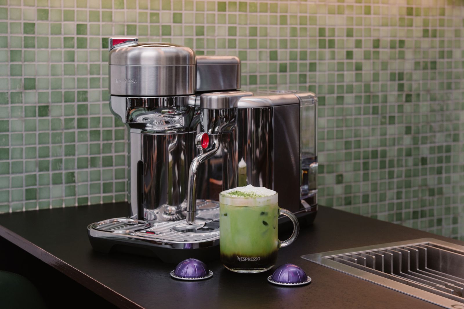Iced Dirty Matcha Latte made possible with Nespresso's Vertuo Creatista