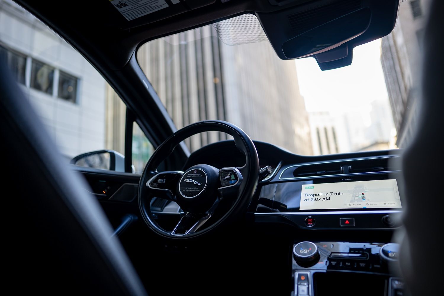 The front seat of Waymo’s autonomously driven Jaguar I-PACE (Photo: Waymo)