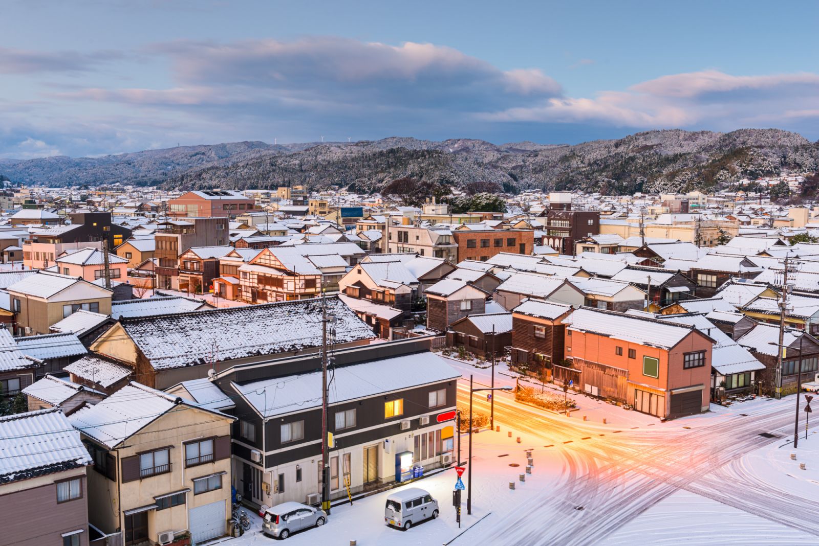 Wajima, Ishikawa, Japan town skyline in winter at twilight.